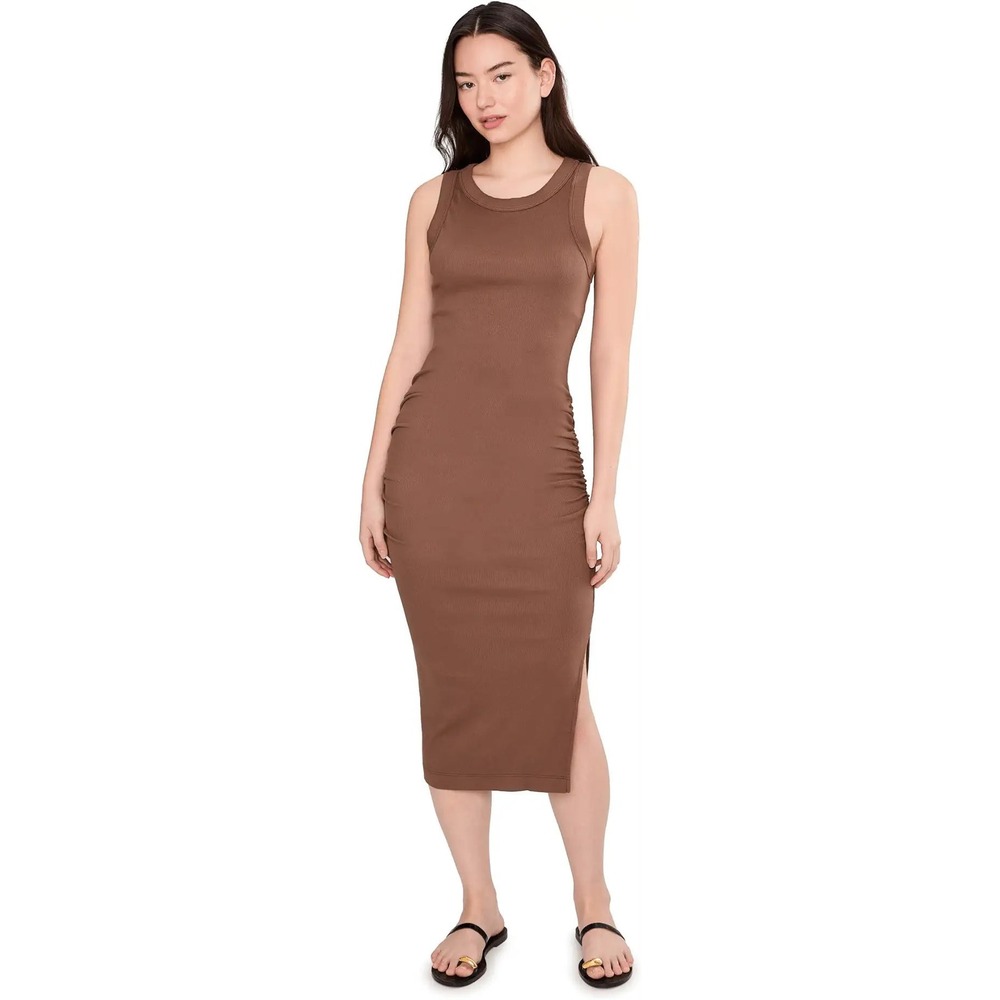 Michael Stars Wren Ribbed Tank Midi Dress Brown XL Side Slit Ruched Sleeveless